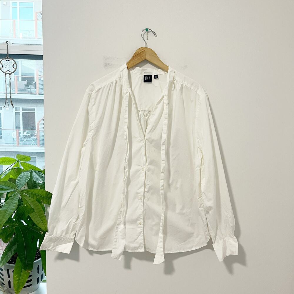 Gap White Button Up Tie Neck Long Sleeve Blouse Size XXL
